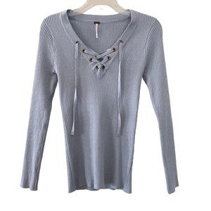 POOF Gray Long Sleeve Lace-Up VNeck Ribbed Sweater